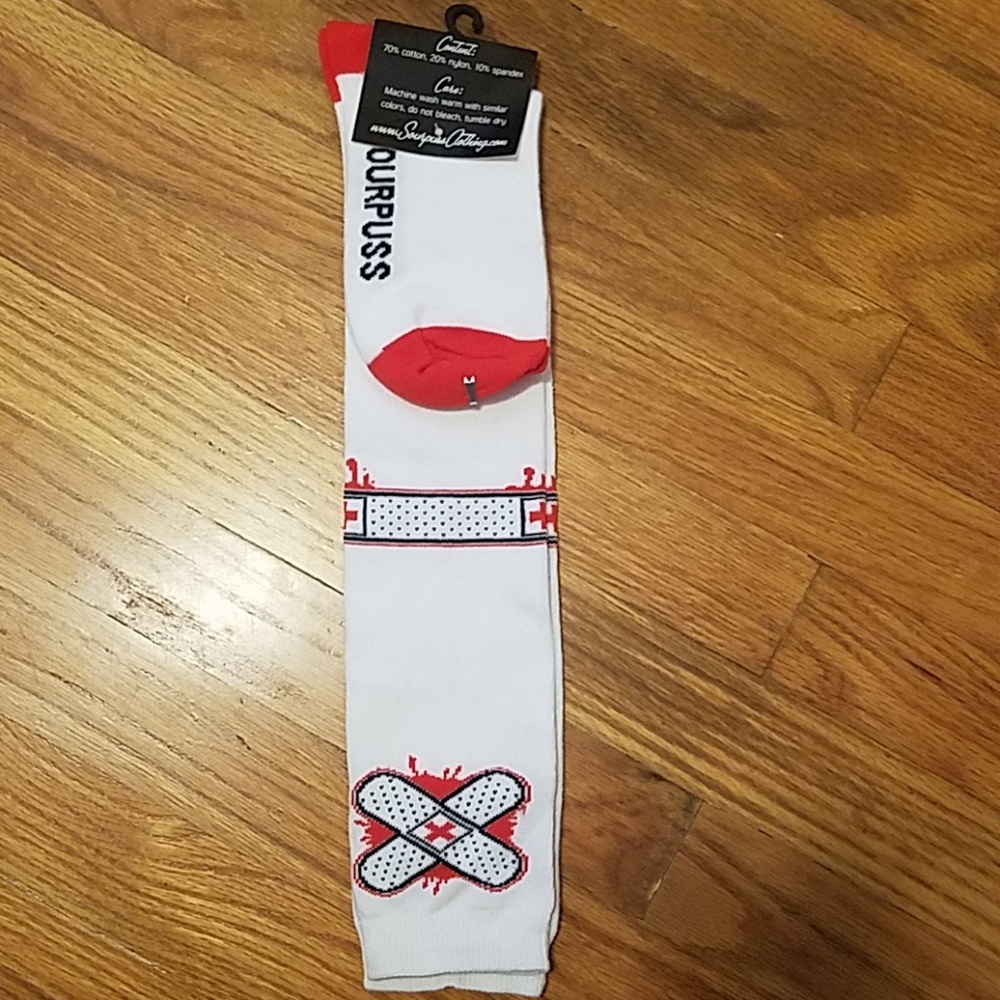 Sourpuss White & Red Band Aid Over The Knee Socks - Picture 4 of 6
